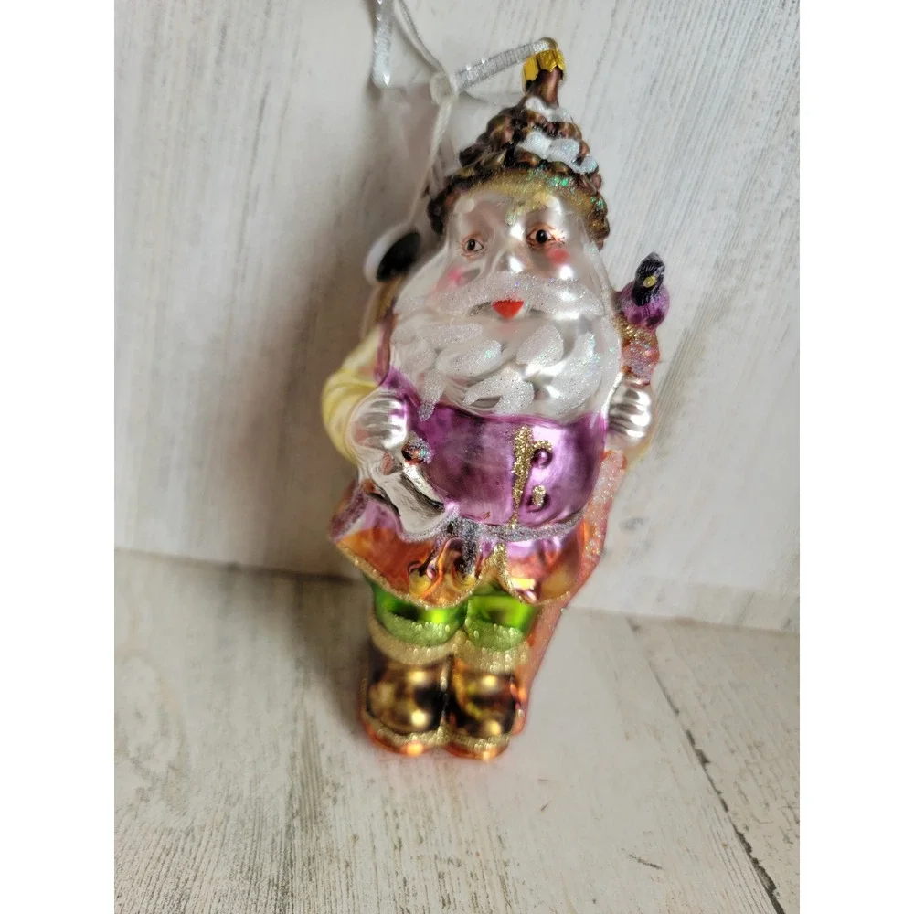 Vintage woodland Santa Claus blown glass glitter bird ornament Xmas unique